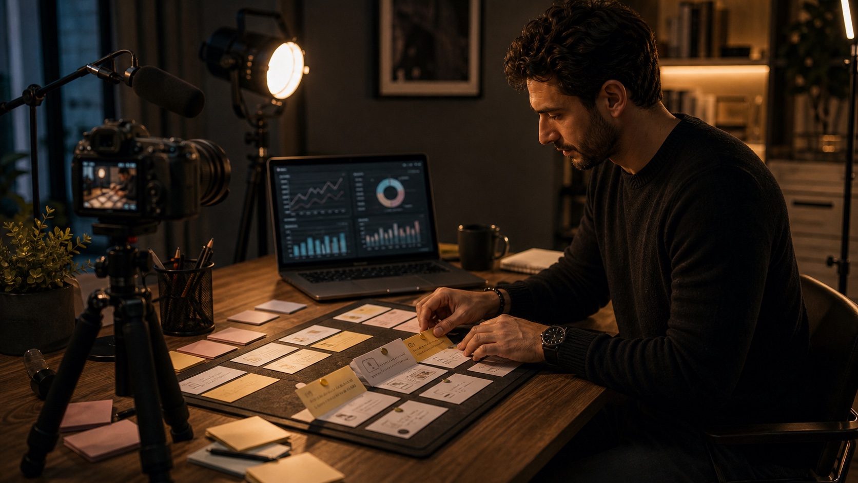 Creator che organizza contenuti, camera e calendario editoriale in uno studio premium