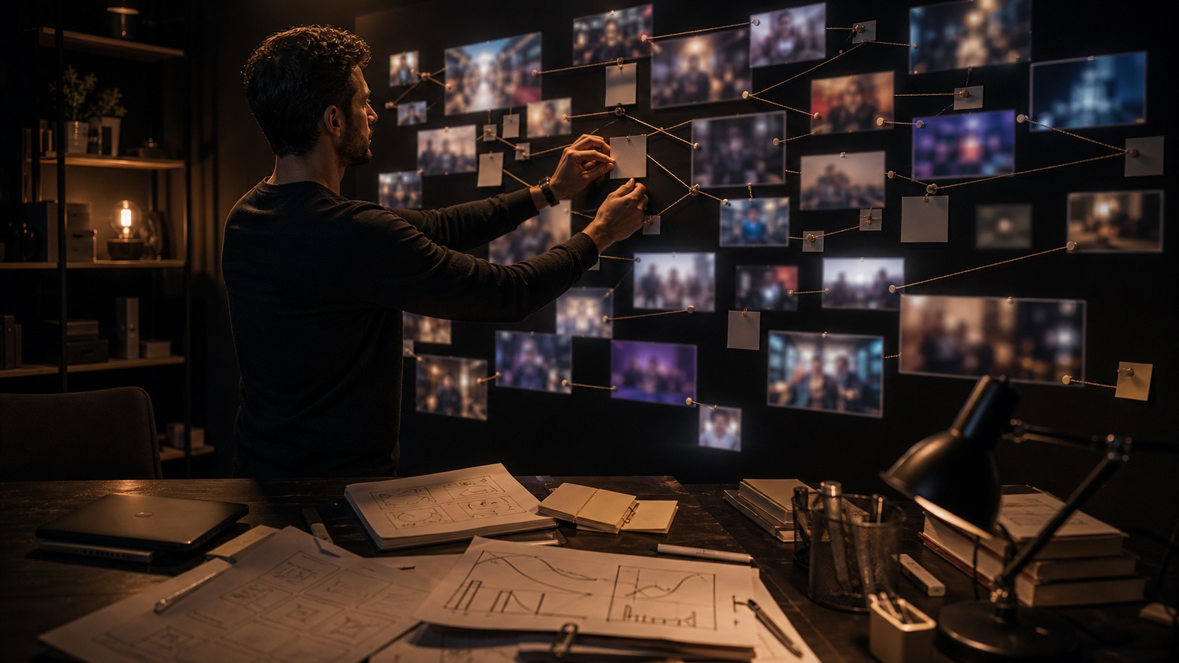 Creator che studia algoritmi, hook e percorsi di attenzione su una parete strategica