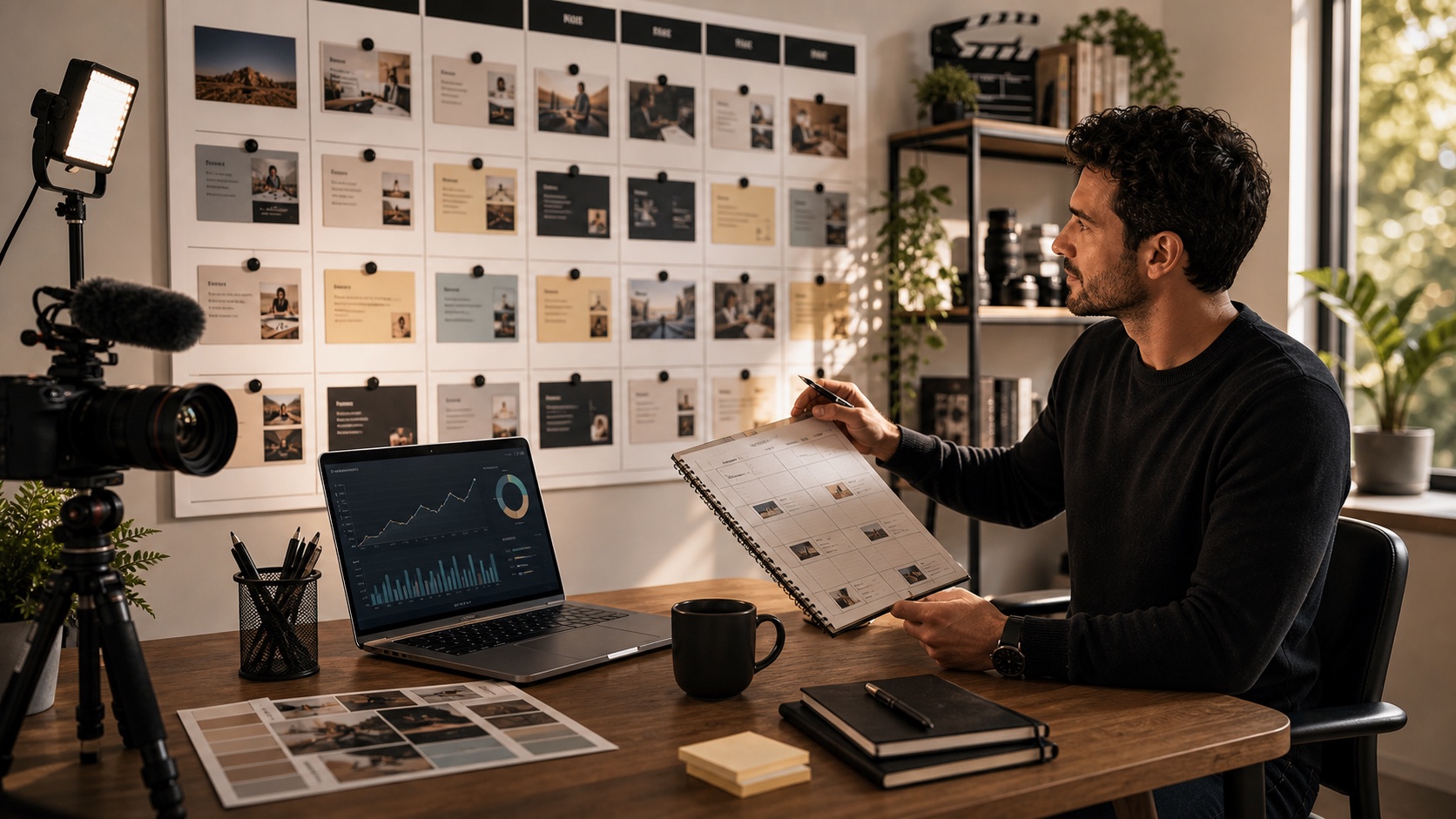 Studio creator ordinato con calendario contenuti e sistema di crescita chiaro