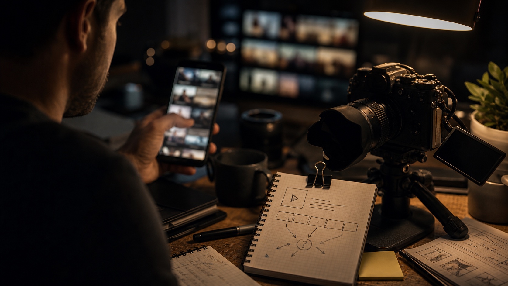 Telefono con flusso di contenuti astratto e camera creator pronta