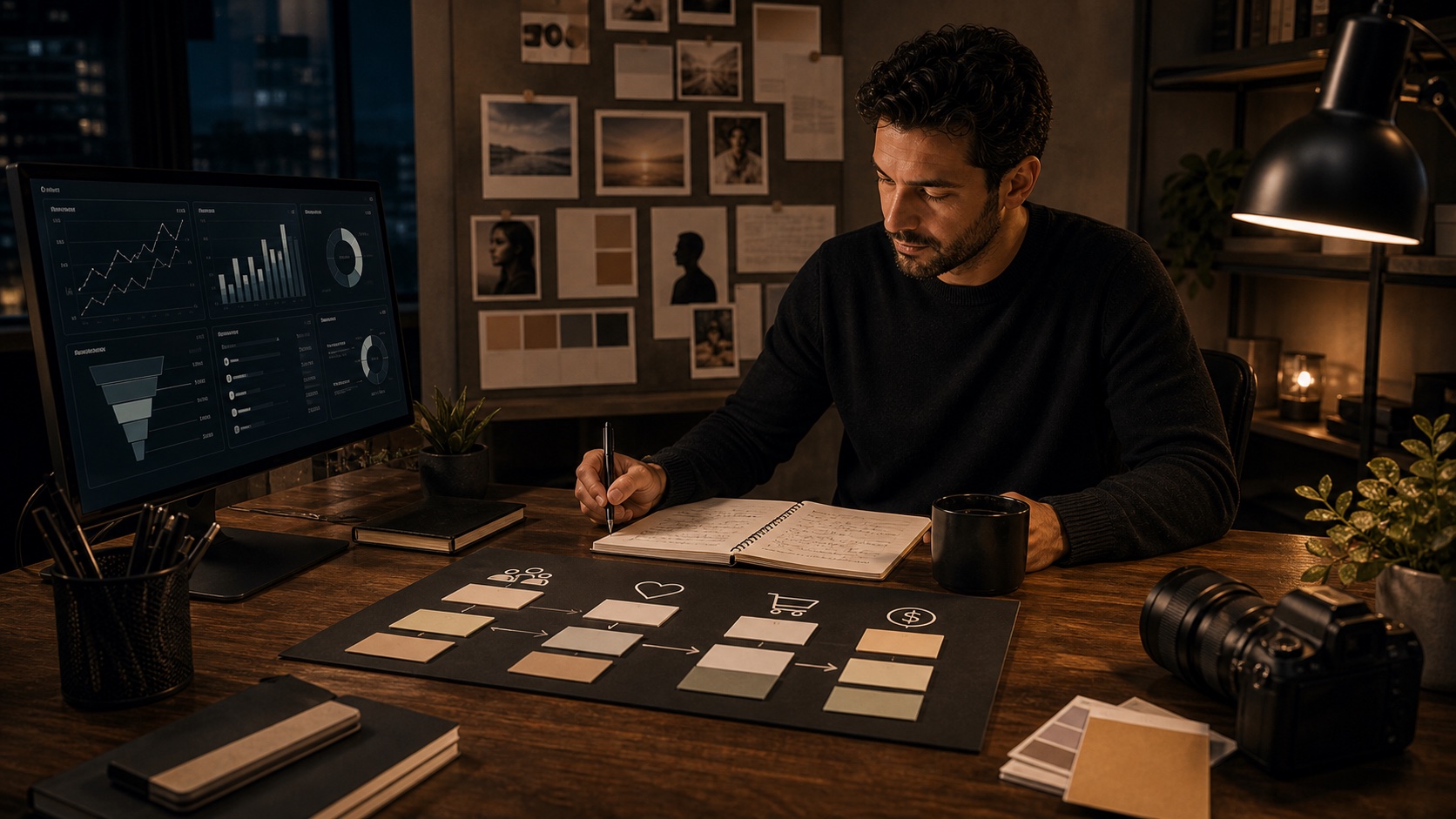 Scrivania strategica che collega visibilita, brand e conversione sostenibile