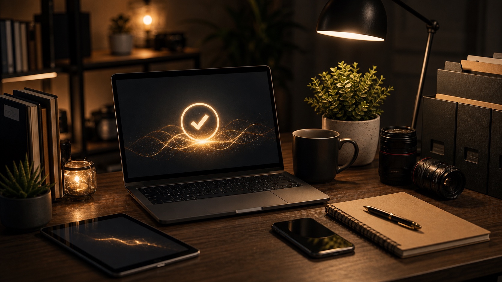 Scrivania ordinata con accesso digitale, supporto e materiali creator pronti