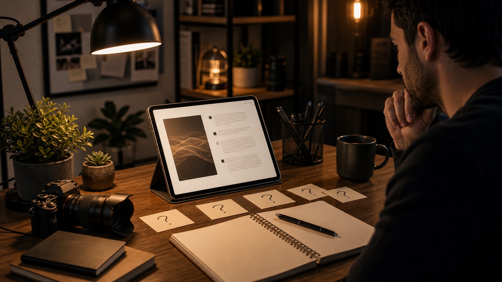 Scrivania creator con tablet, appunti e domande sul metodo digitale