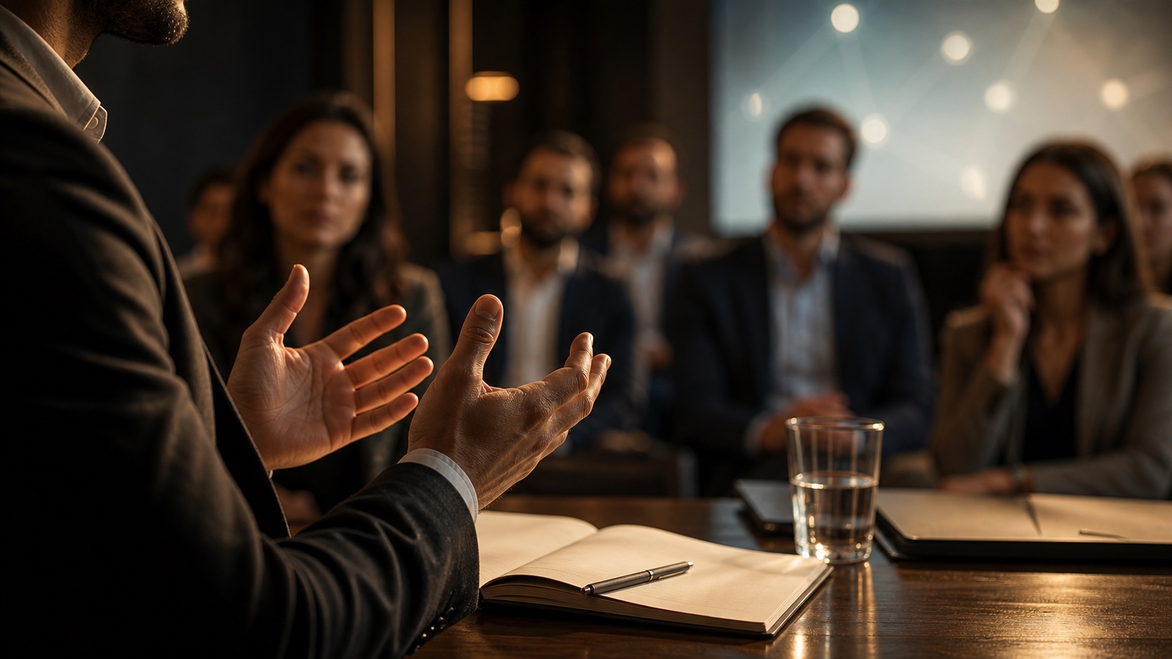 Gesto comunicativo realistico in una riunione professionale
