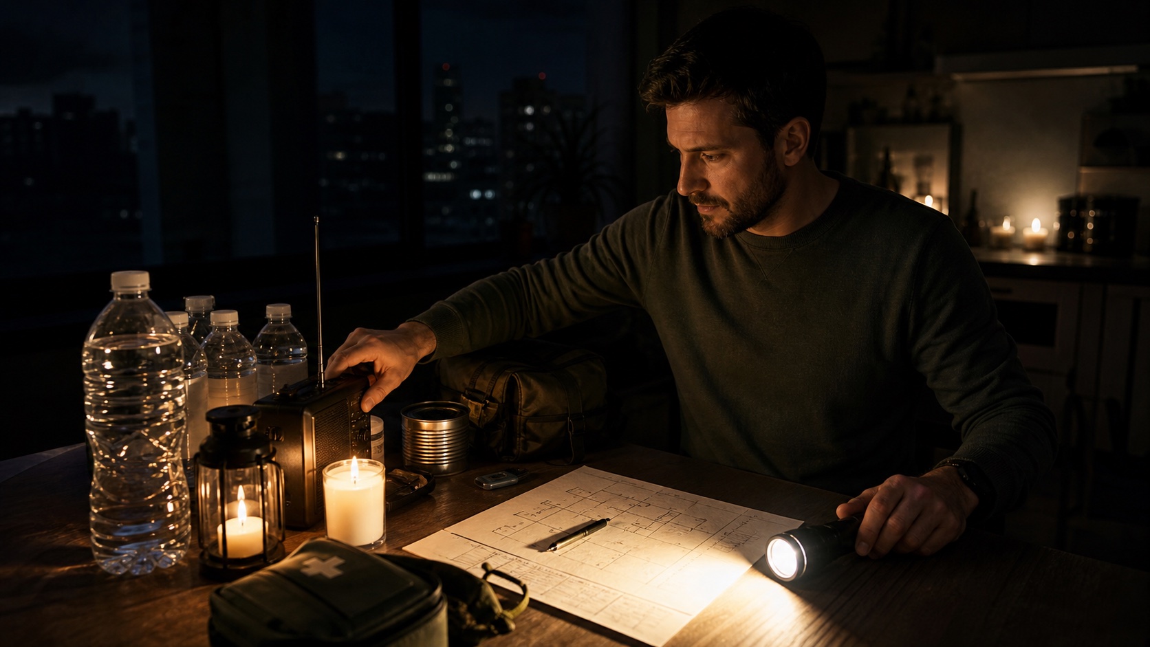 Persona calma che organizza torce, acqua e piano domestico durante un blackout