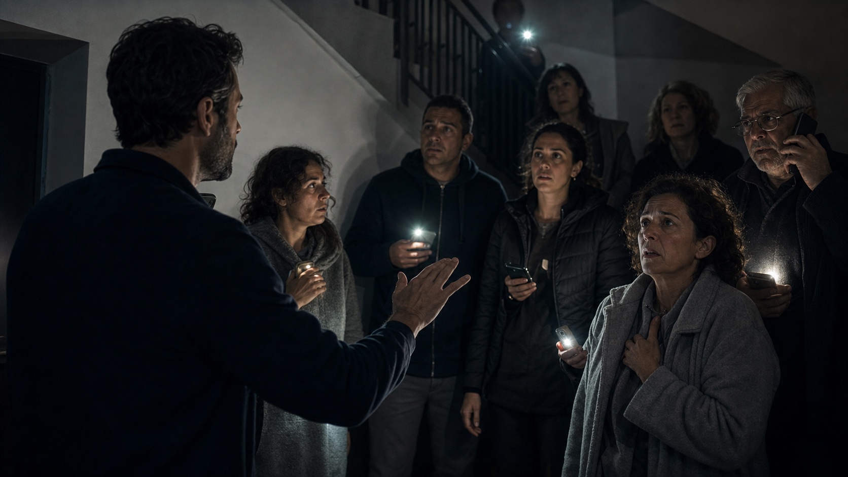 Persone confuse in una scala buia illuminate dai telefoni