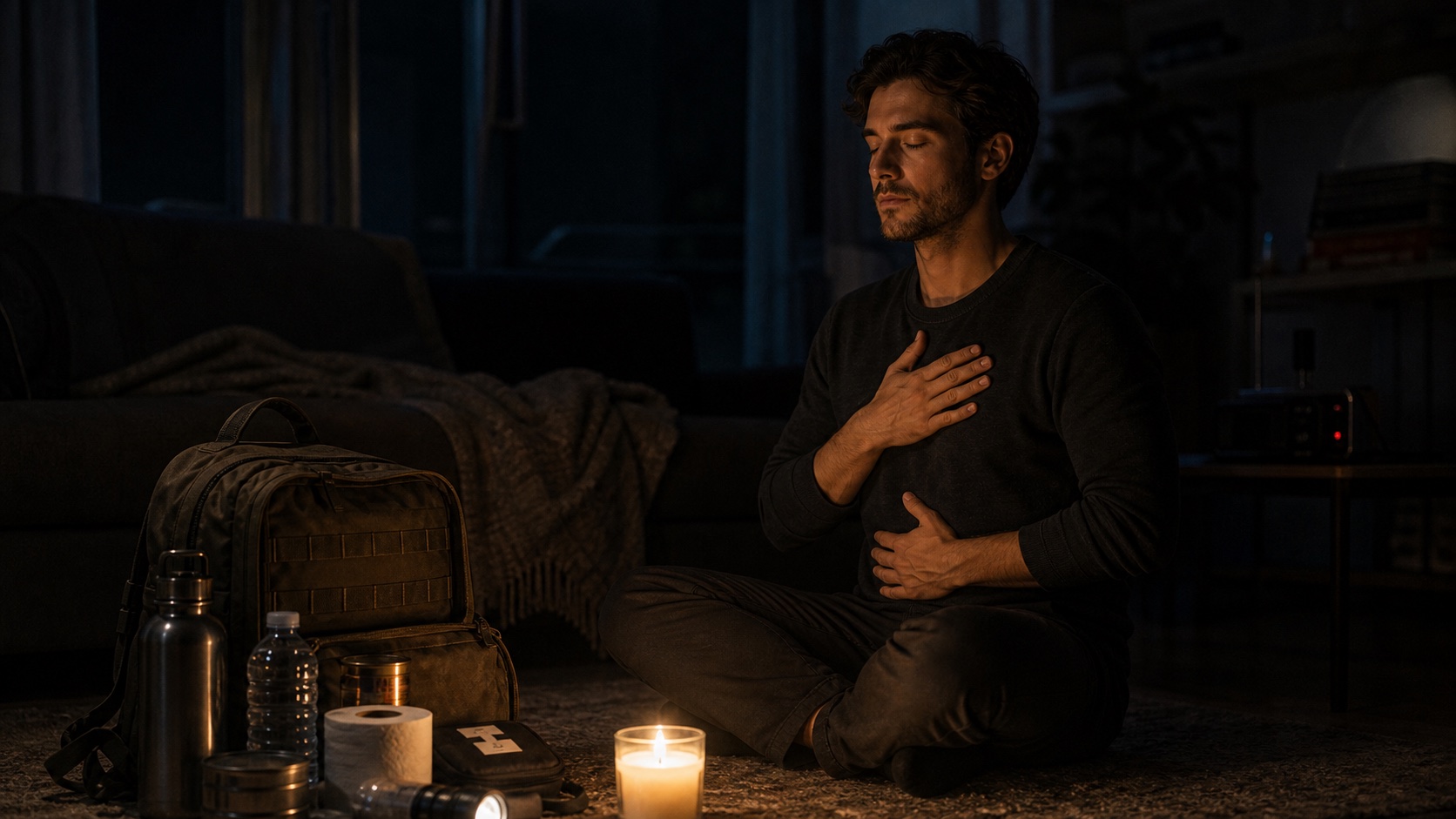 Persona che respira con calma accanto a una candela e a una borsa pronta