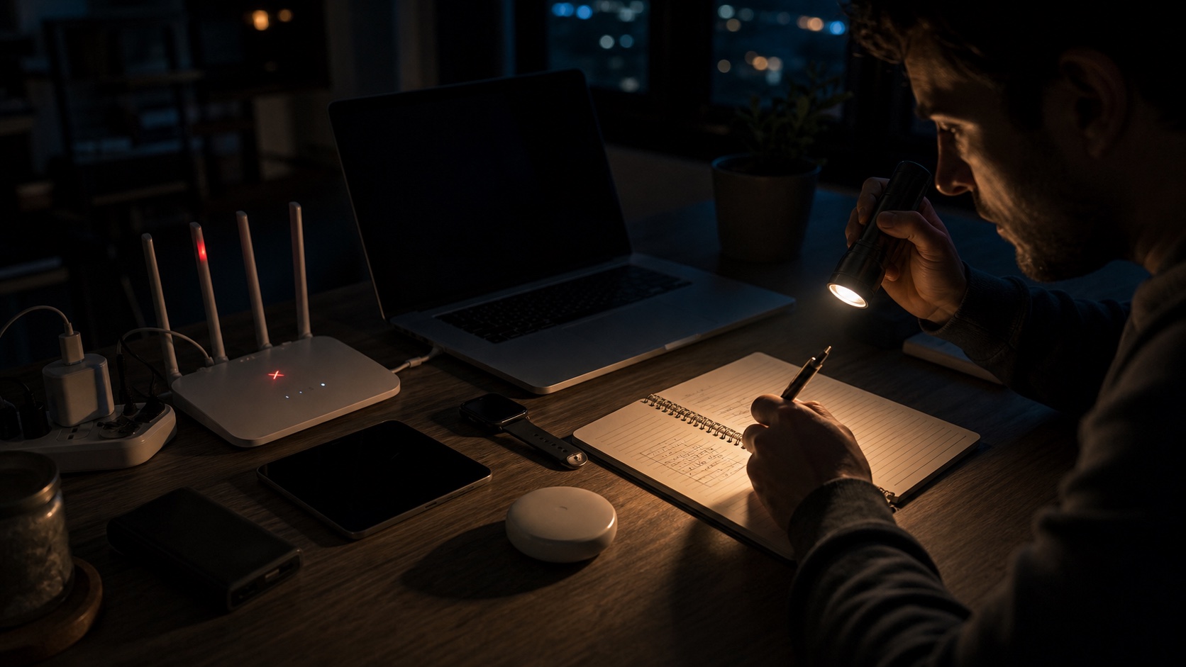 Router e dispositivi spenti con un quaderno analogico illuminato da torcia