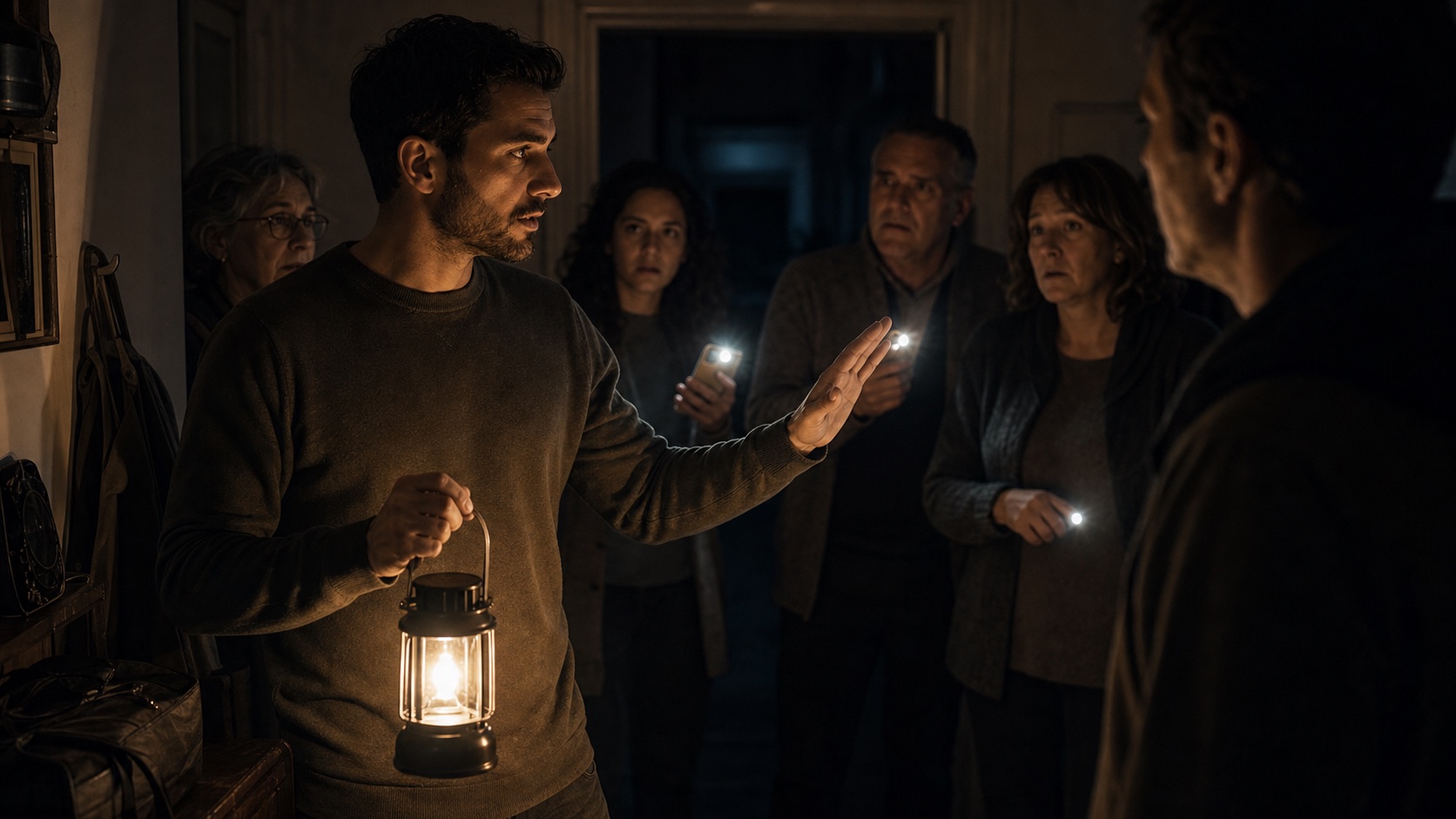 Persona calma che tiene una lanterna e guida gli altri durante il blackout