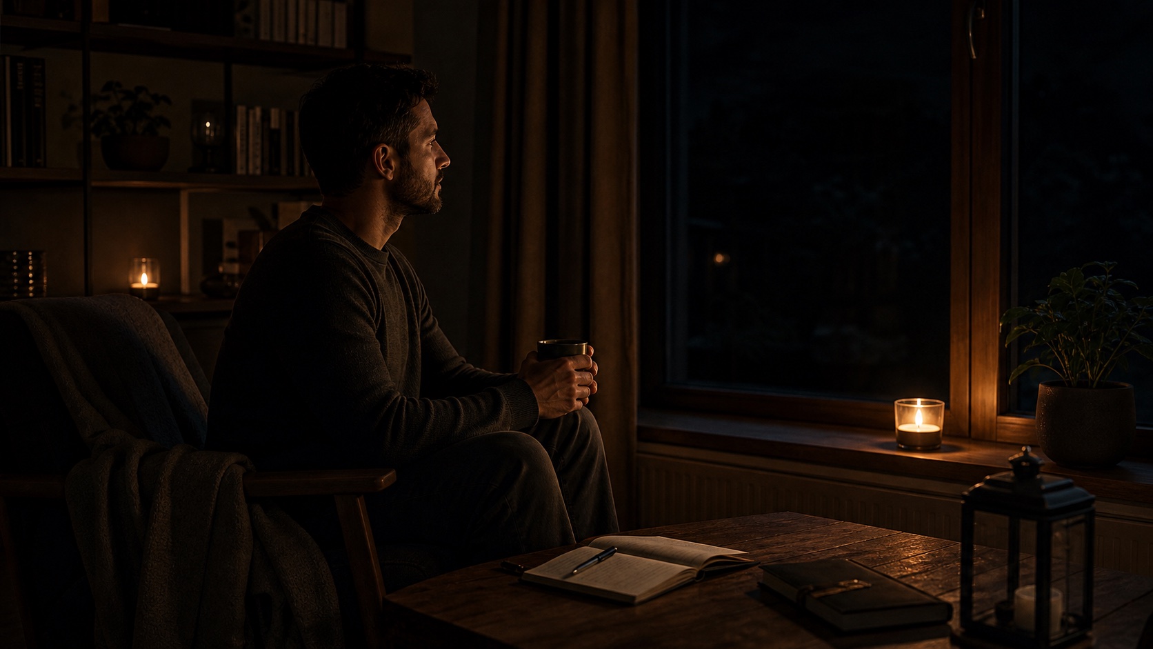 Persona che scrive in silenzio accanto a una candela con gli schermi spenti