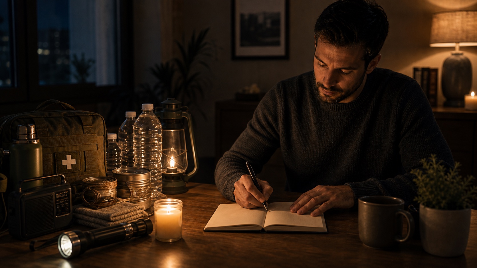 Tavolo con scorte e journaling che unisce preparazione pratica e calma interiore