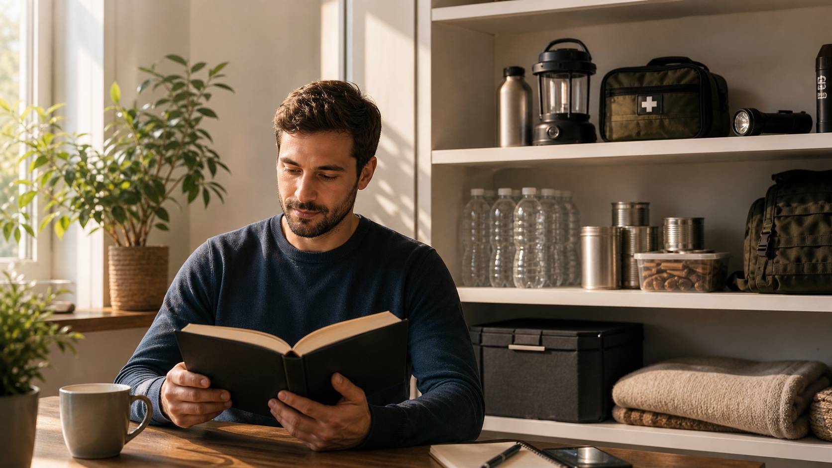 Persona che legge con calma al mattino con kit gia preparato sullo sfondo