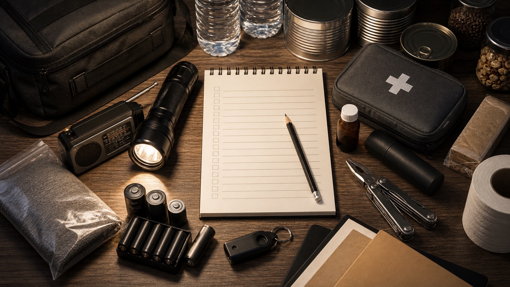 Kit pratico con radio, torcia, acqua e checklist ordinata