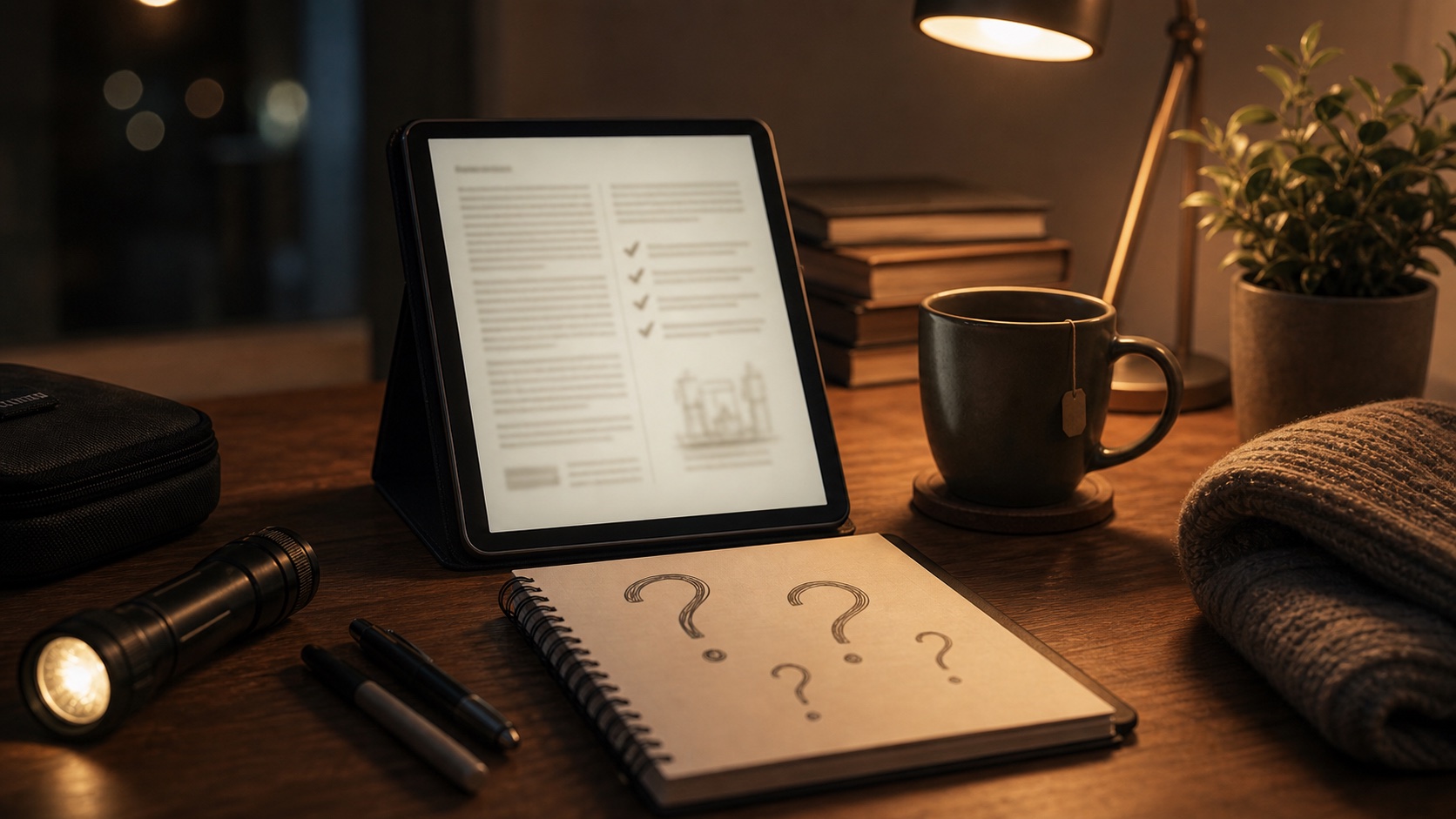 Scrivania serena con tablet, domande e strumenti pratici per leggere la guida