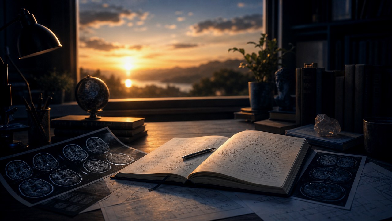 Persona che contempla la vita all'alba con un diario aperto
