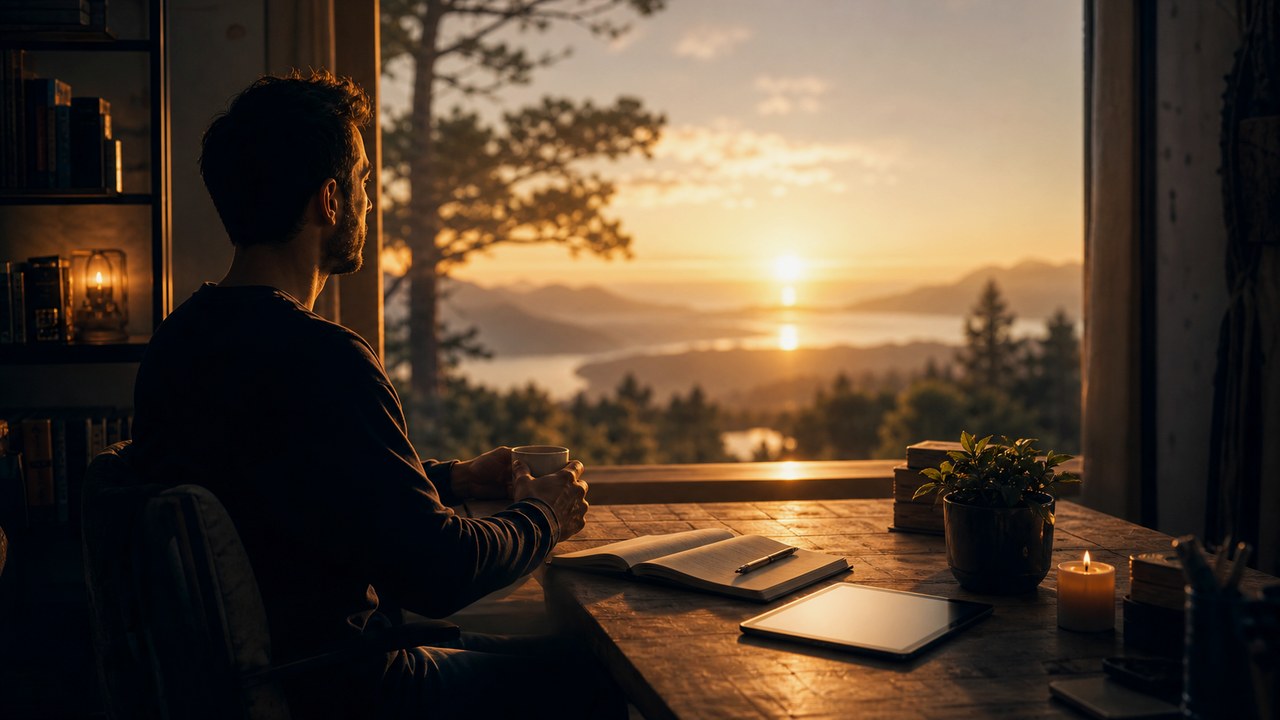 Risveglio spirituale concreto con diario e luce dell'alba