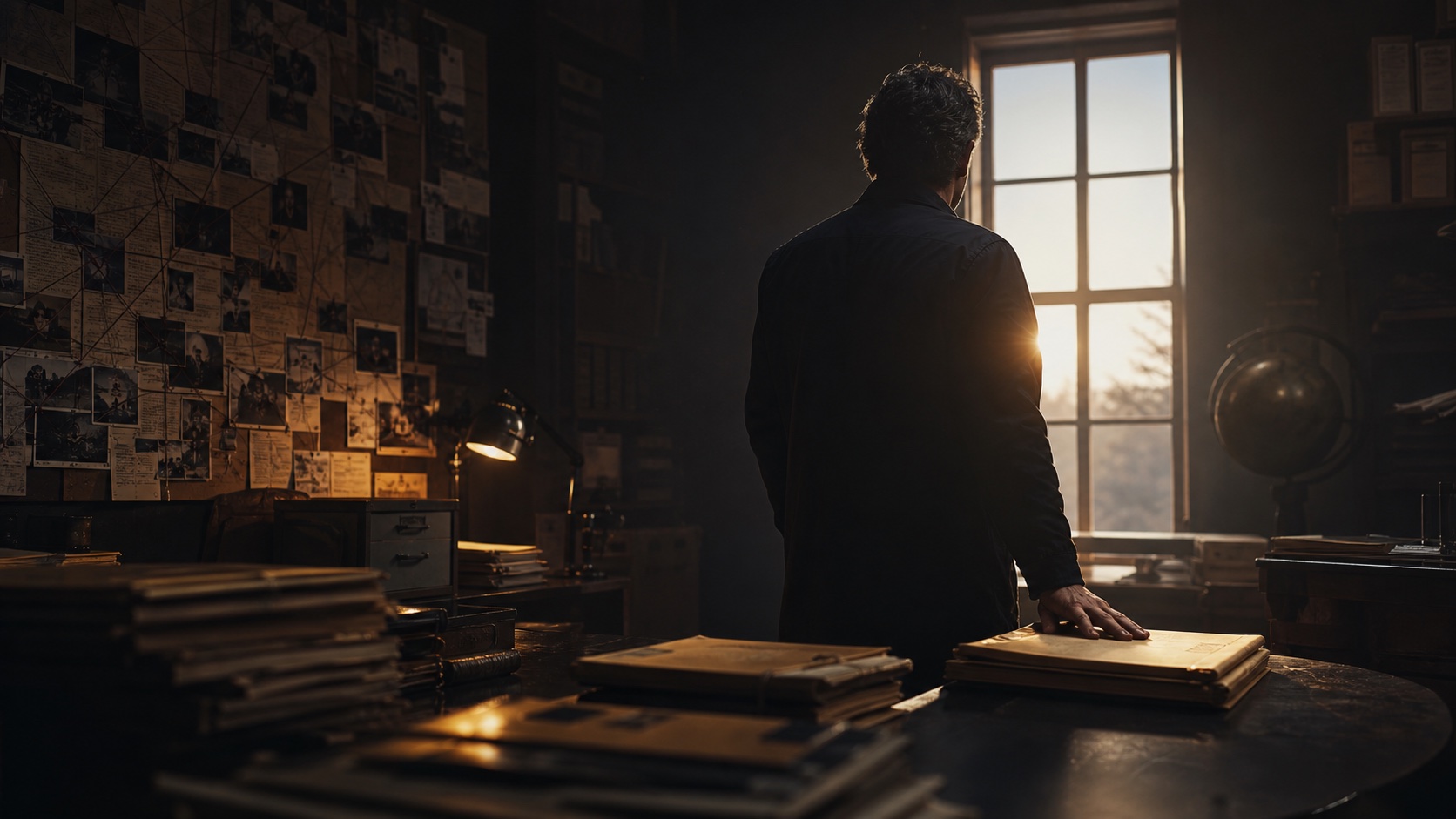 Persona in un archivio buio davanti a una finestra luminosa