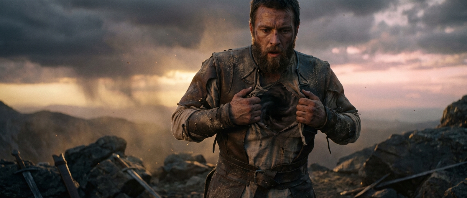 Guerriero davanti a una voragine interiore illuminata